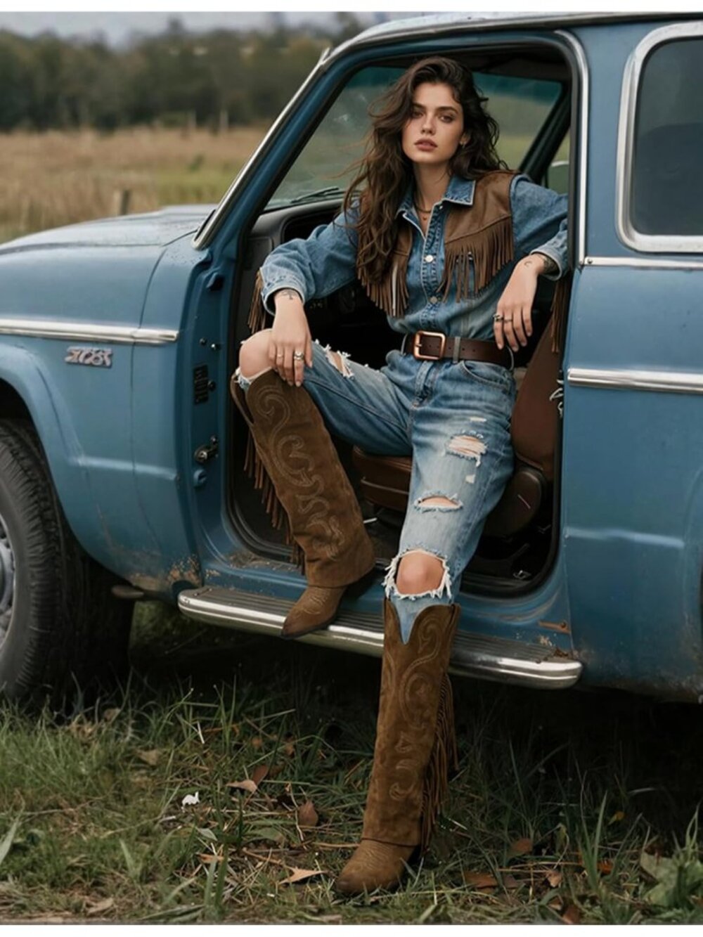Women's Suede Brown Knee High Cowboy Boots Chunky Block High Heel Half Zipper - Picture 6 of 6